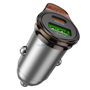 Hoco NZ16A încărcător auto cu conexiune 1xUSB-A și 1xUSB-C + cablu Type-C - Type-C 43W QC3.0 - gri metalic
