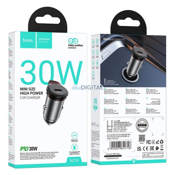 Hoco NZ16B încărcător auto cu conexiune 2xUSB-C + cablu Type-C - Lightning 45W QC PD - gri metalic