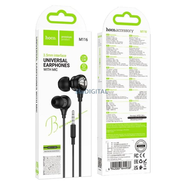 Căști cu fir Hoco M116 cu microfon și mufă de 3,5 mm - negru