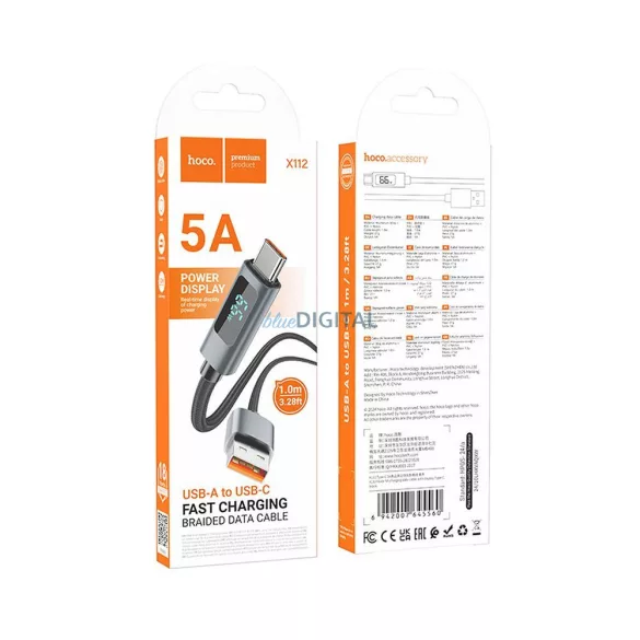 Cablu USB-A și USB-C Hoco 5A Hoco 5A cu ecran 1 m X112 negru