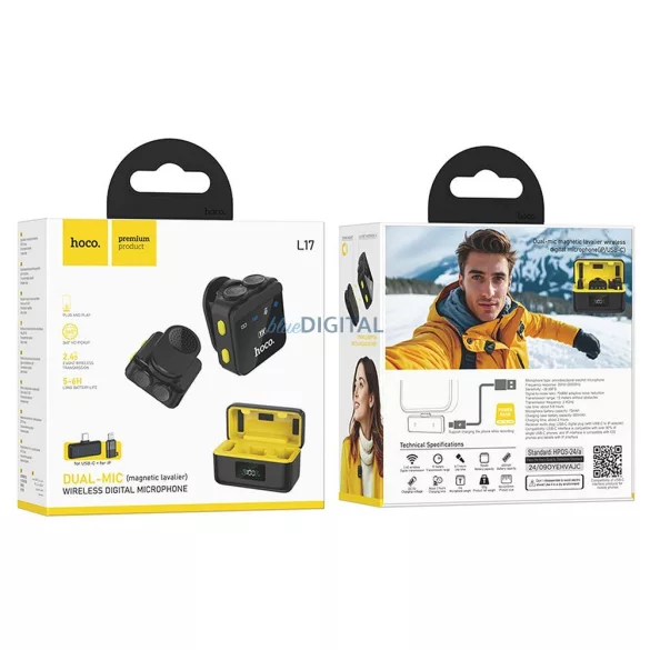 Microfon lavalier fără fir HOCO tip Lightning / C (2 bucăți în set) L17 negru