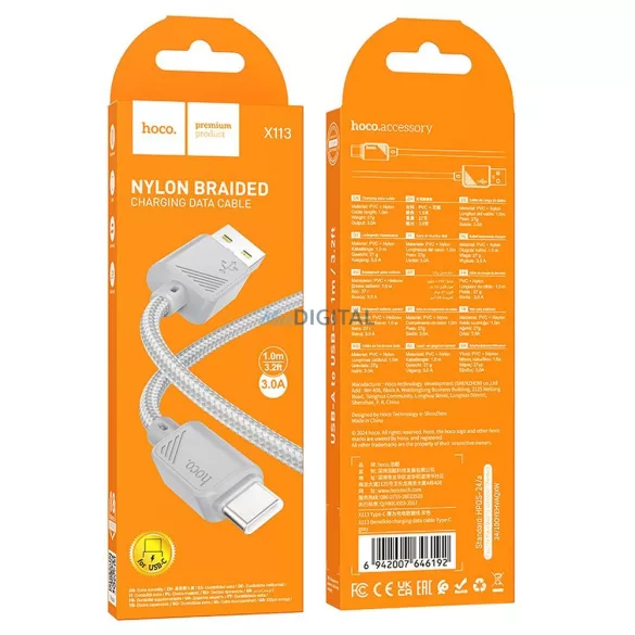 HOCO cablu USB-A do C tip 3A X113 1 m gri
