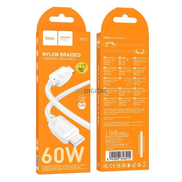 HOCO Cablu tip C Cablu tip C la tip C 3A 60W X113 1 m alb