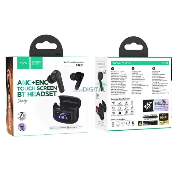 HOCO cască fără fir bluetooth cu ecran tactil TWS ANC + ENC EQ21 negru miezul nopții negru miezul nopții