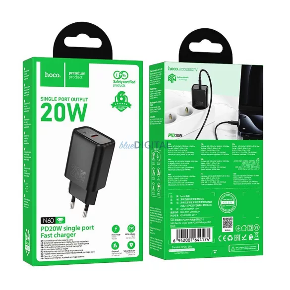 Hoco N60 încărcător de rețea cu 1xUSB-C conexiune 20W PD QC - negru