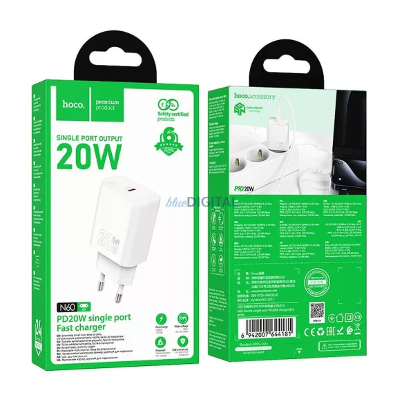 Hoco N60 încărcător de rețea cu 1xUSB-C conexiune 20W PD QC - alb