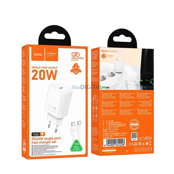 Hoco N60 Încărcător AC cu 1xUSB-C conexiune + Type-C - Lightning cablu 100cm 20W PD QC - alb