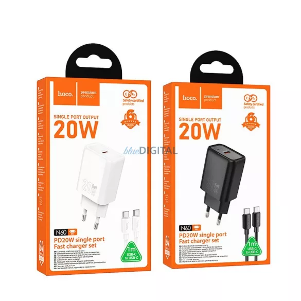 Hoco N60 Încărcător AC cu 1xUSB-C conexiune + Type-C - Lightning cablu 100cm 20W PD QC - alb