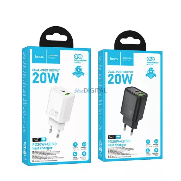 Hoco N61 încărcător de rețea cu 1xUSB-A și 1xUSB-C conexiune 20W 3A PD QC3.0 - alb