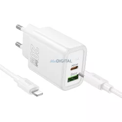   Hoco N61 încărcător de rețea cu conexiune 1xUSB-A și 1xUSB-C + cablu Type-C - Lightning 20W 3A PD QC3.0 - alb