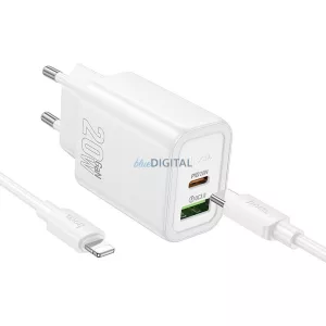 Hoco N61 încărcător de rețea cu conexiune 1xUSB-A și 1xUSB-C + cablu Type-C - Lightning 20W 3A PD QC3.0 - alb