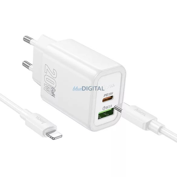 Hoco N61 încărcător de rețea cu conexiune 1xUSB-A și 1xUSB-C + cablu Type-C - Lightning 20W 3A PD QC3.0 - alb