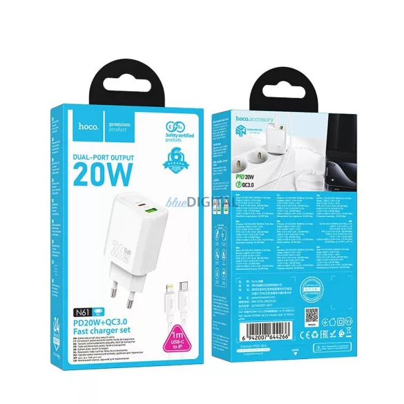 Hoco N61 încărcător de rețea cu conexiune 1xUSB-A și 1xUSB-C + cablu Type-C - Lightning 20W 3A PD QC3.0 - alb