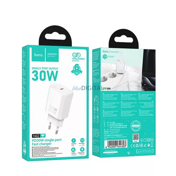 Hoco N62 încărcător de rețea cu 1xUSB-C conexiune 30W PD QC - alb