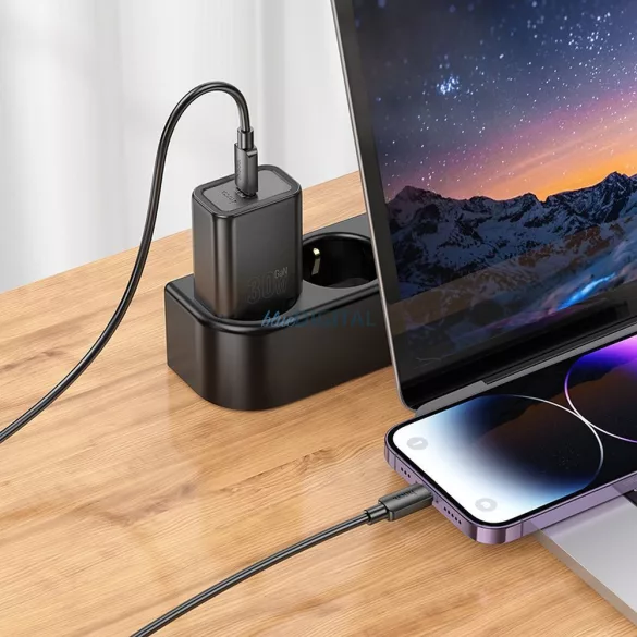 Hoco N62 încărcător AC cu 1xUSB-C conexiune + Type-C - Lightning cablu 30W PD QC - negru