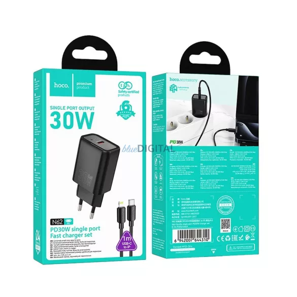Hoco N62 încărcător AC cu 1xUSB-C conexiune + Type-C - Lightning cablu 30W PD QC - negru