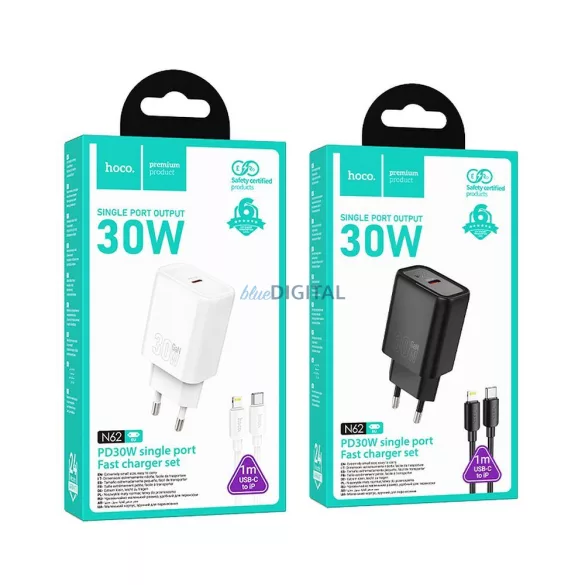 Hoco N62 încărcător AC cu 1xUSB-C conexiune + Type-C - Lightning cablu 30W PD QC - negru