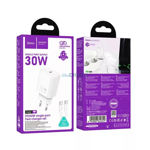 Hoco N62 încărcător de rețea cu 1xUSB-C conector + cablu Type-C - Type-C 30W PD QC - alb