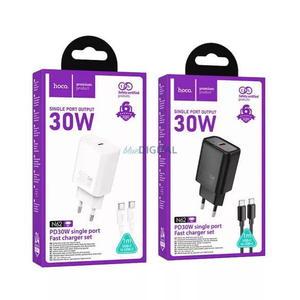 Hoco N62 încărcător de rețea cu 1xUSB-C conector + cablu Type-C - Type-C 30W PD QC - alb