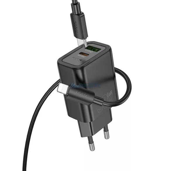 Hoco N63 încărcător de rețea cu conexiune 1xUSB-A și 1xUSB-C + cablu Type-C - Lightning 30W 3A PD QC3.0 - negru