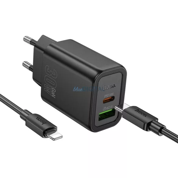 Hoco N63 încărcător de rețea cu conexiune 1xUSB-A și 1xUSB-C + cablu Type-C - Lightning 30W 3A PD QC3.0 - negru