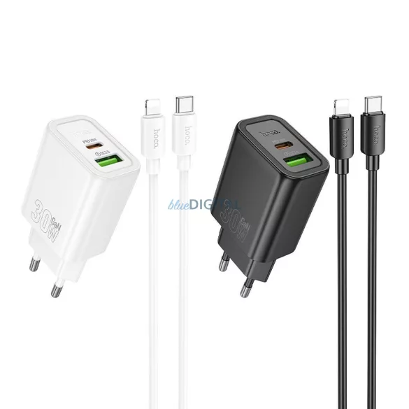 Hoco N63 încărcător de rețea cu conexiune 1xUSB-A și 1xUSB-C + cablu Type-C - Lightning 30W 3A PD QC3.0 - negru