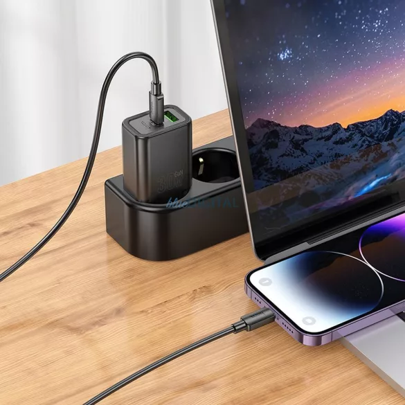Hoco N63 încărcător de rețea cu conexiune 1xUSB-A și 1xUSB-C + cablu Type-C - Lightning 30W 3A PD QC3.0 - negru