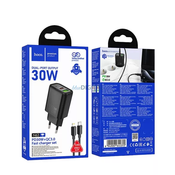 Hoco N63 încărcător de rețea cu conexiune 1xUSB-A și 1xUSB-C + cablu Type-C - Lightning 30W 3A PD QC3.0 - negru