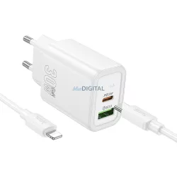   Hoco N63 încărcător de rețea cu conexiune 1xUSB-A și 1xUSB-C + cablu Type-C - Lightning 30W 3A PD QC3.0 - alb