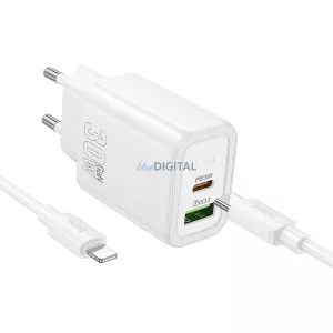 Hoco N63 încărcător de rețea cu conexiune 1xUSB-A și 1xUSB-C + cablu Type-C - Lightning 30W 3A PD QC3.0 - alb