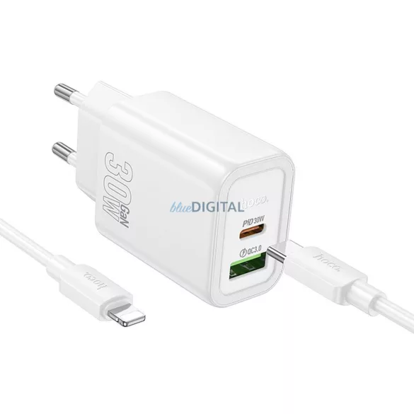 Hoco N63 încărcător de rețea cu conexiune 1xUSB-A și 1xUSB-C + cablu Type-C - Lightning 30W 3A PD QC3.0 - alb