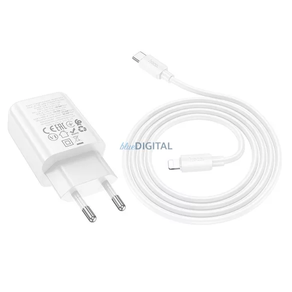 Hoco N63 încărcător de rețea cu conexiune 1xUSB-A și 1xUSB-C + cablu Type-C - Lightning 30W 3A PD QC3.0 - alb