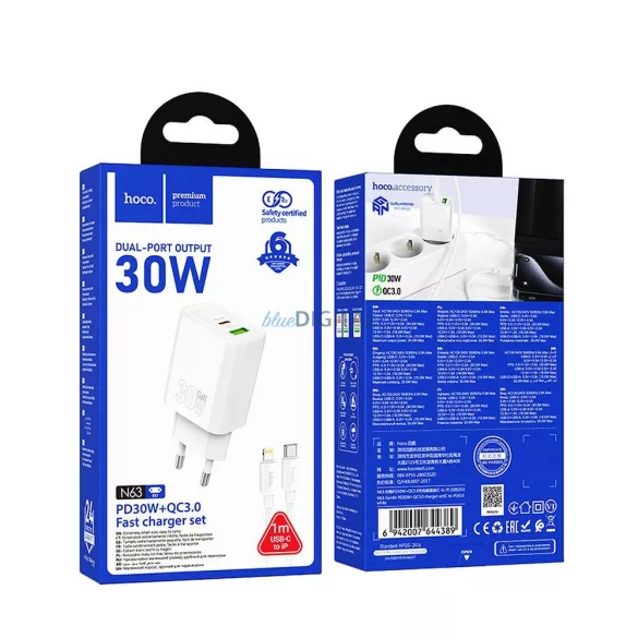 Hoco N63 încărcător de rețea cu conexiune 1xUSB-A și 1xUSB-C + cablu Type-C - Lightning 30W 3A PD QC3.0 - alb