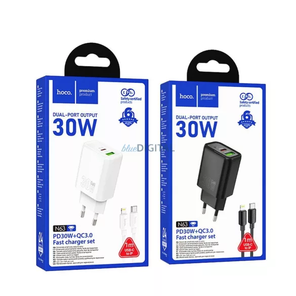 Hoco N63 încărcător de rețea cu conexiune 1xUSB-A și 1xUSB-C + cablu Type-C - Lightning 30W 3A PD QC3.0 - alb