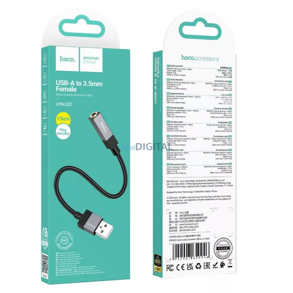 Adaptor AUX USB-A (masculin) la jack de 3,5 mm (feminin) Hoco UPA32D negru