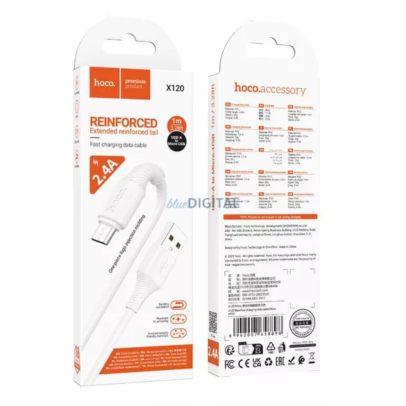 Cablu USB-A - Micro USB Hoco 2,4A 1 m X120 alb