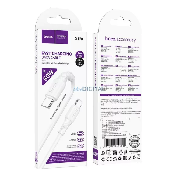 Cablu USB C-USB C Hoco 3A 60W 1 m X120 alb