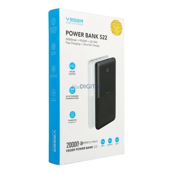 Veger W2060 powerbank 20000mAh 20W 3A QC3.0 PD - negru