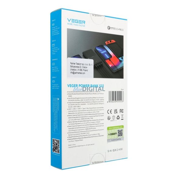 Veger W2060 powerbank 20000mAh 20W 3A QC3.0 PD - negru