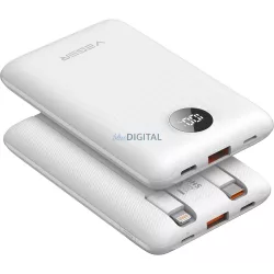   Veger W1170 powerbank 10000mAh 2A 22.5W QC3.0 PD cu cablu Type-C și Lightning încorporat alb - alb