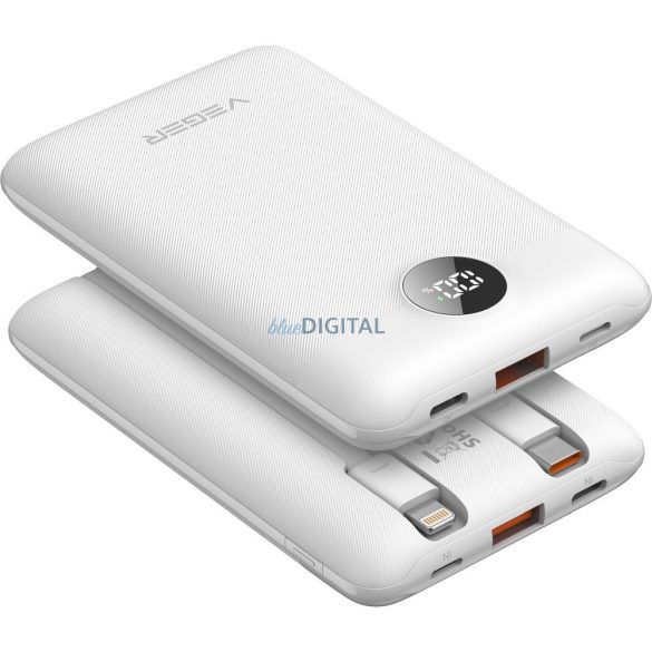 Veger W1170 powerbank 10000mAh 2A 22.5W QC3.0 PD cu cablu Type-C și Lightning încorporat alb - alb