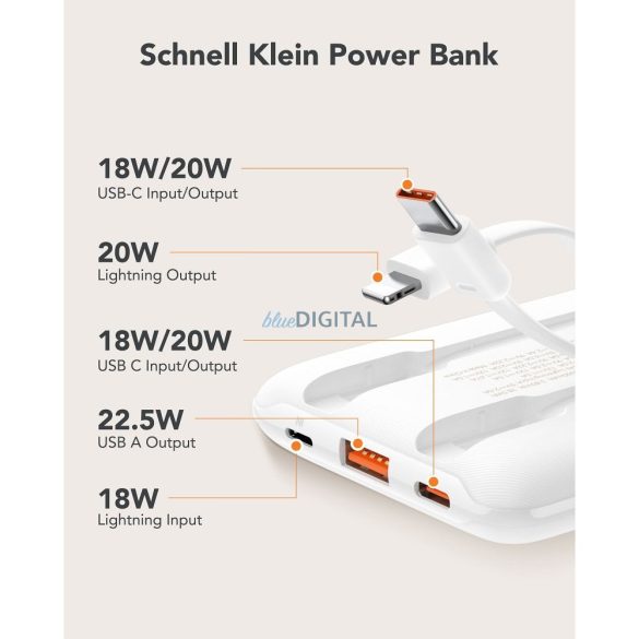 Veger W1170 powerbank 10000mAh 2A 22.5W QC3.0 PD cu cablu Type-C și Lightning încorporat alb - alb