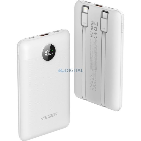 Veger W1170 powerbank 10000mAh 2A 22.5W QC3.0 PD cu cablu Type-C și Lightning încorporat alb - alb