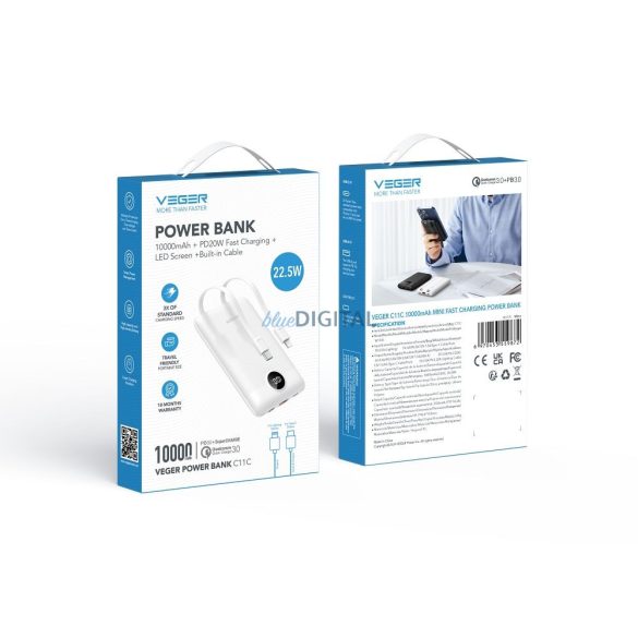Veger W1170 powerbank 10000mAh 2A 22.5W QC3.0 PD cu cablu Type-C și Lightning încorporat alb - alb