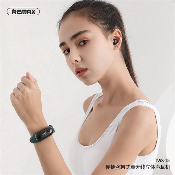 Căști stereo wireless REMAX TWS-15 cu stație de andocare în verde smartband
