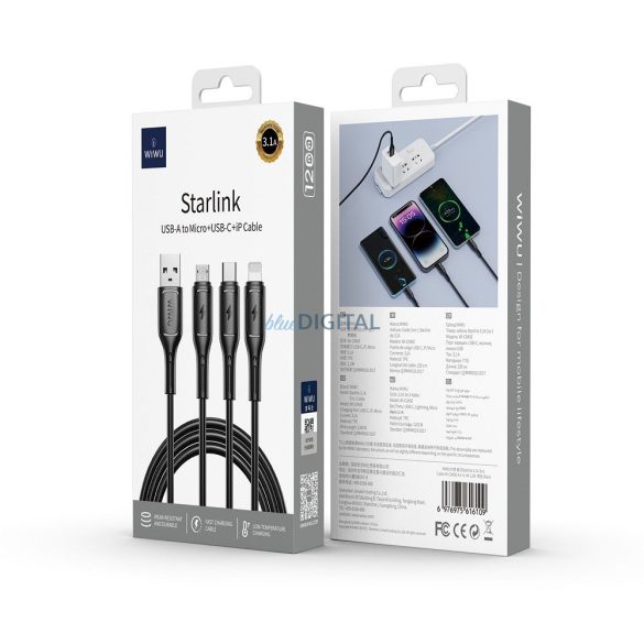 WiWU Wi-045E Starlink Series Cablu USB-A - Type-C/Lightning/micro USB 3.1A 100cm - negru