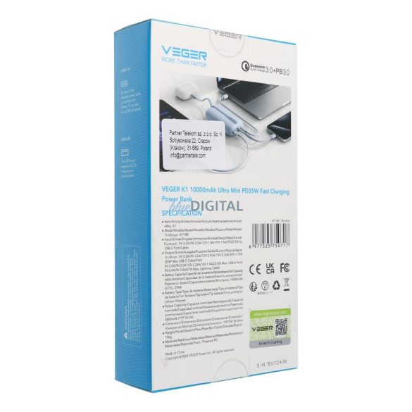 Veger W1188 powerbank cu cablu Type-C și Lightning încorporat 10000mAh 35W QC3.0 PD - albastru