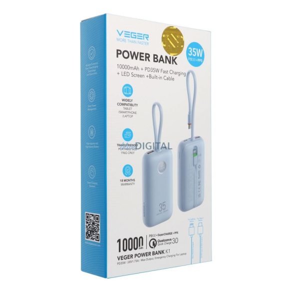 Veger W1188 powerbank cu cablu Type-C și Lightning încorporat 10000mAh 35W QC3.0 PD - albastru