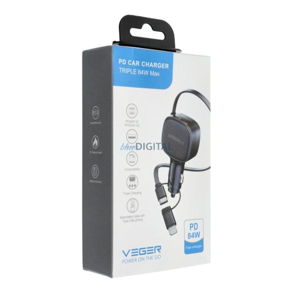 VEGER Încărcător auto USB C + cablu USB C / Lightning QC PD 84W CC89 negru