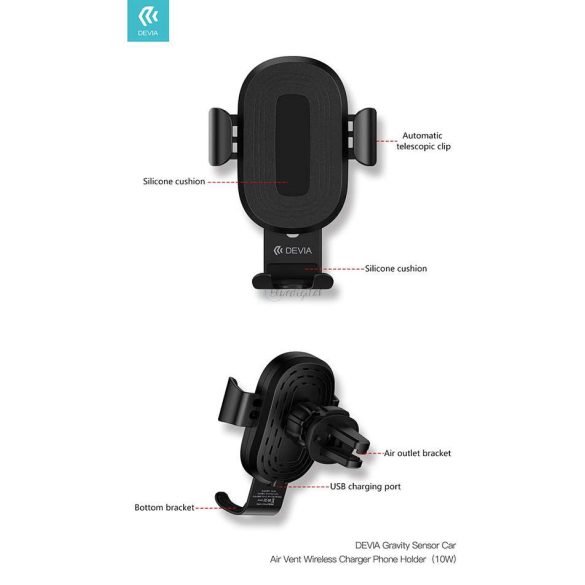 Devia Car Air Vent Wireless Charger/Holder - 5V/2A - Devia Sensor Car Air Vent Wireless Charger Phone Holder - 10W - Qi Standard - Negru